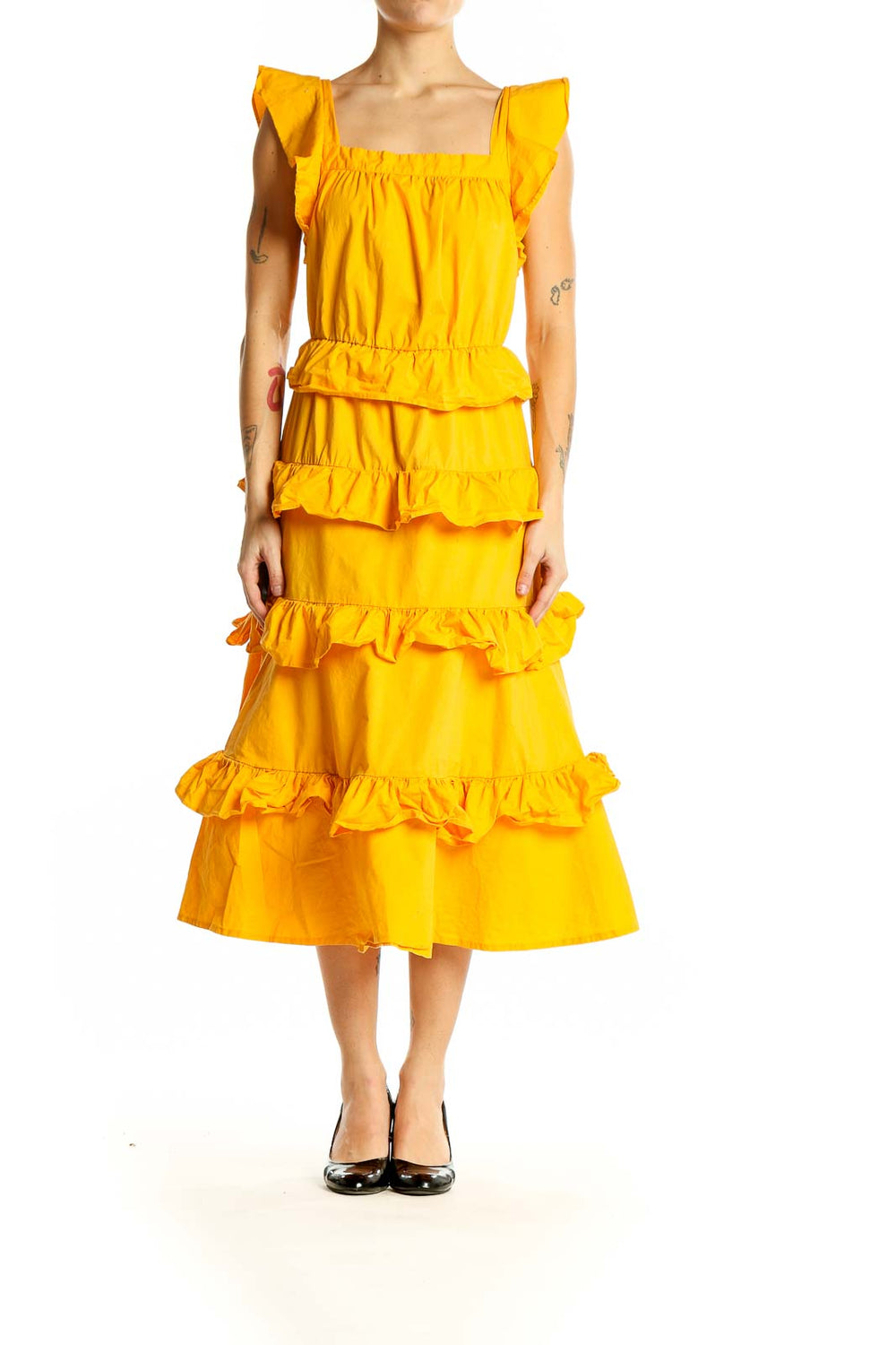 Front view of Rachel Parcell yellow ruffled tiered midi dress with square neckline