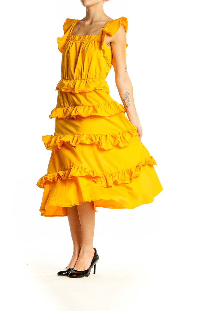 Front view of Rachel Parcell yellow ruffled tiered midi dress with square neckline