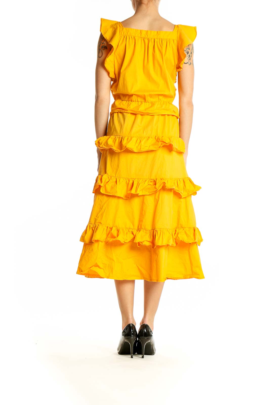 Back view of Rachel Parcell yellow ruffled tiered midi dress showing full length