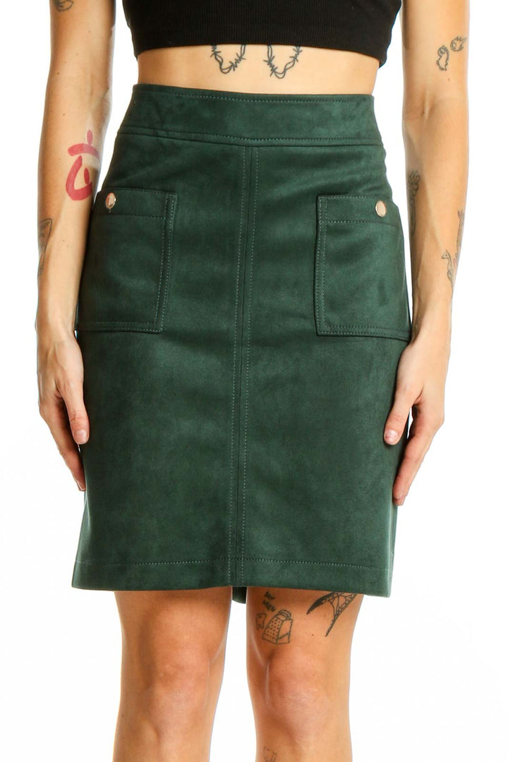 Front view of LOFT forest green suede pencil skirt with front pockets