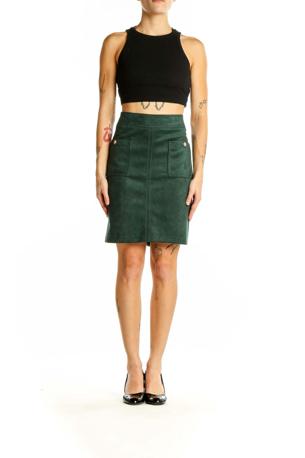 Front view of LOFT forest green suede pencil skirt with front pockets