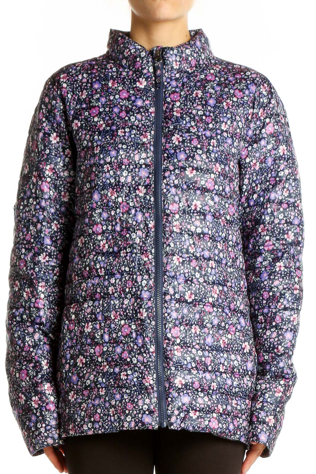 Front view of Navy Floral Quilted Puffer Jacket by CANVAS by Land's End