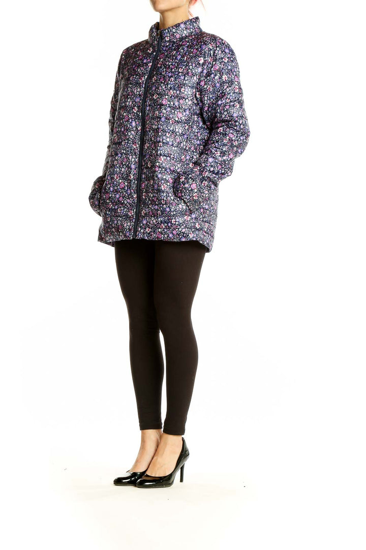 Front view of Navy Floral Quilted Puffer Jacket by CANVAS by Land's End