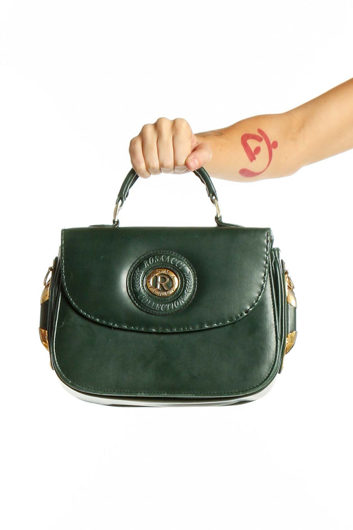 Front view of green Rosaacci messenger bag with logo emblem