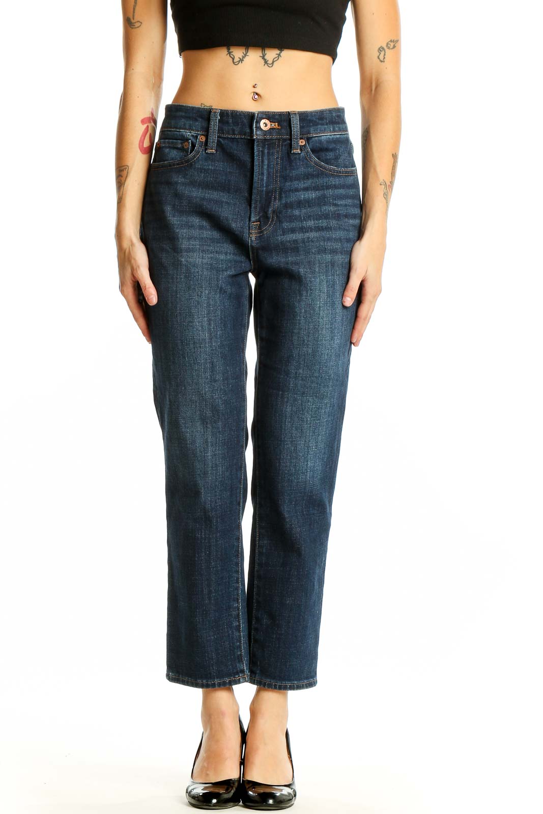 Front view of Talbots dark blue straight leg jeans on model