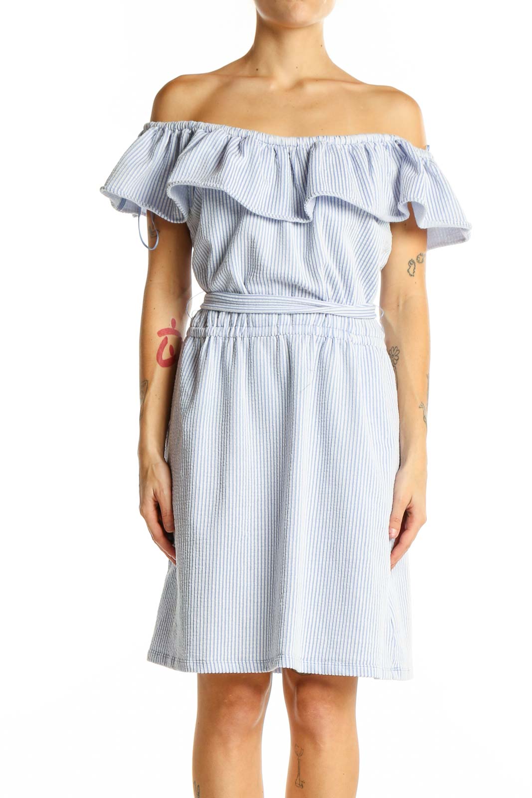 Front view of Michael Kors blue striped off-shoulder ruffle dress