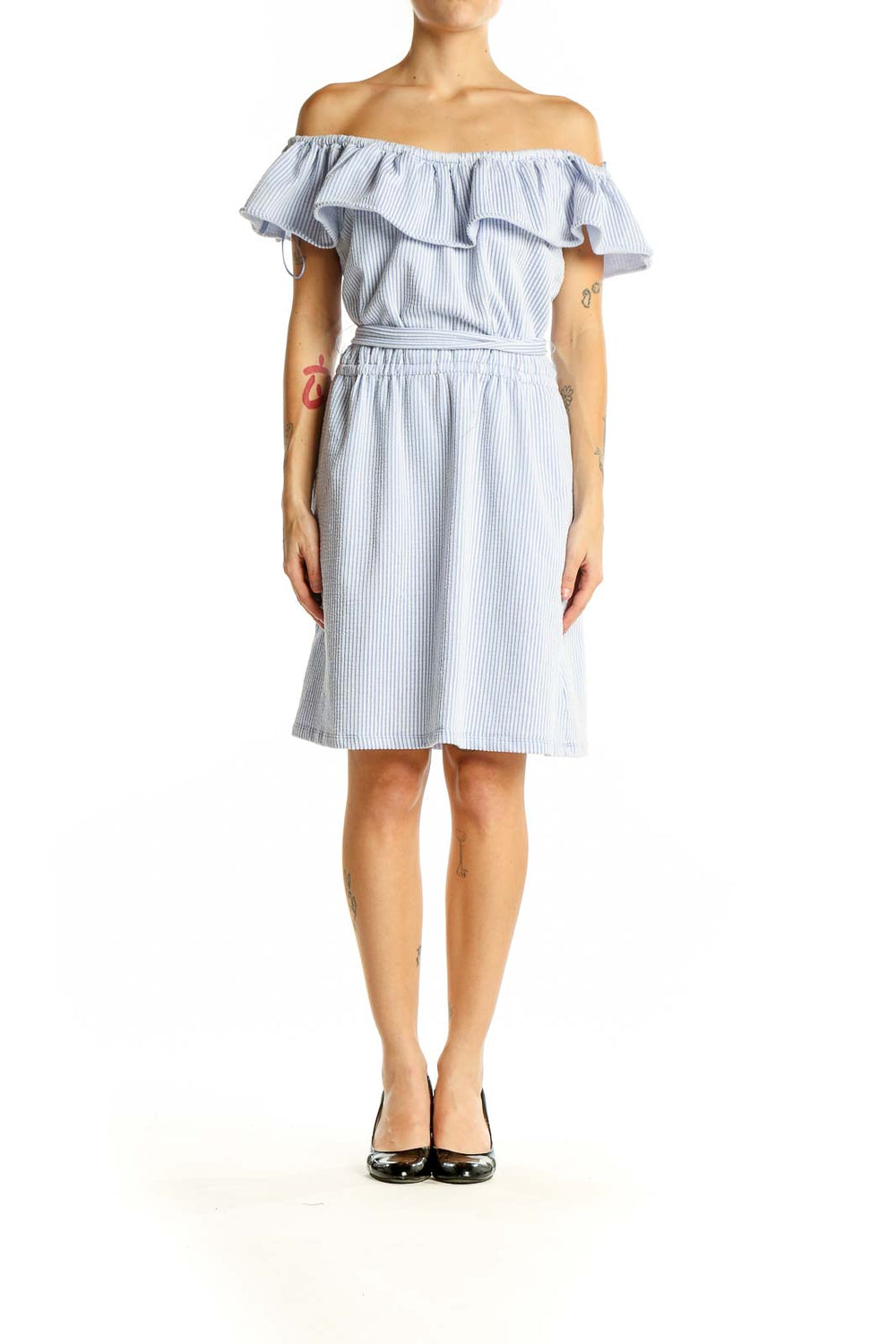 Front view of Michael Kors blue striped off-shoulder ruffle dress