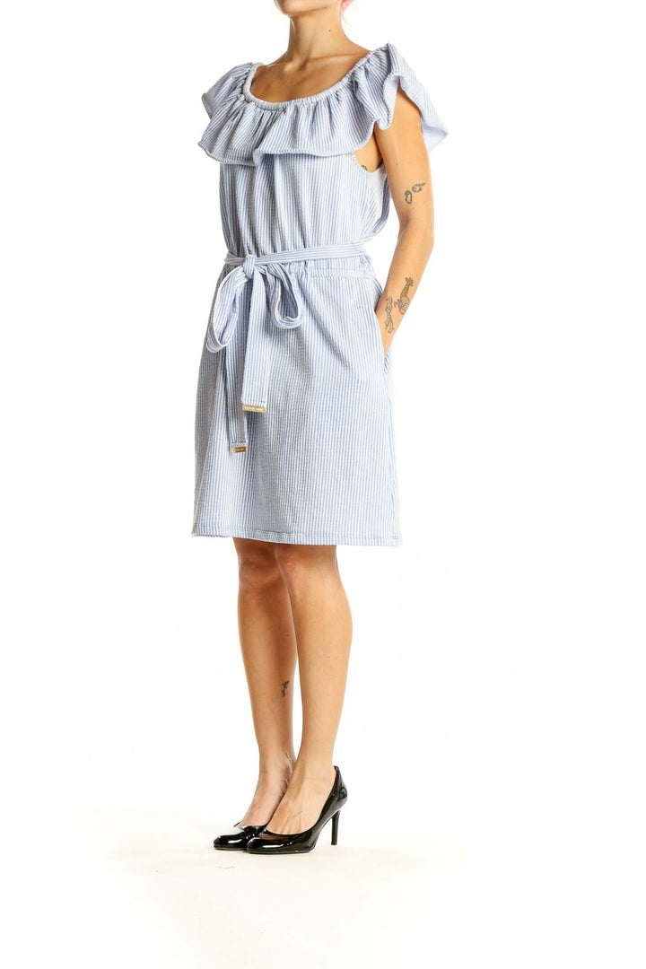 Front view of Michael Kors blue striped off-shoulder ruffle dress