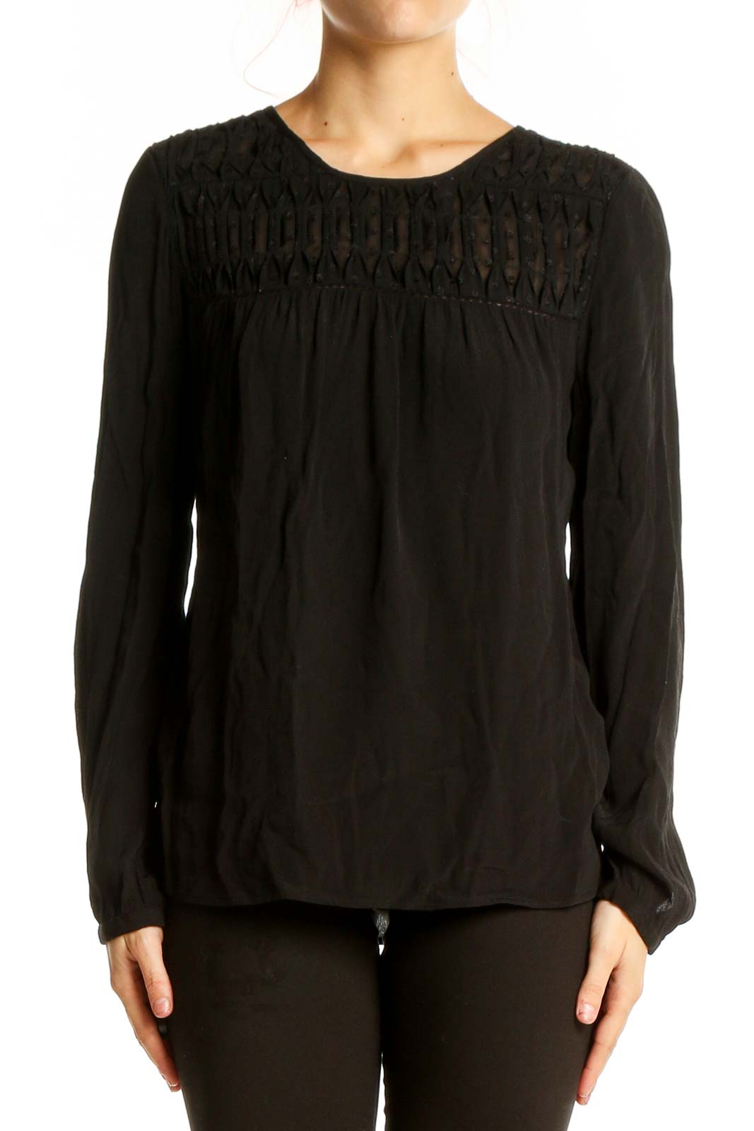 Front view of Meadow Rue black rayon blouse with crochet yoke detail