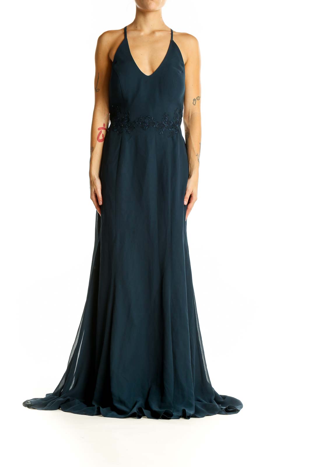 Front view of navy AZAZIE maxi dress with V-neckline and floral lace detail