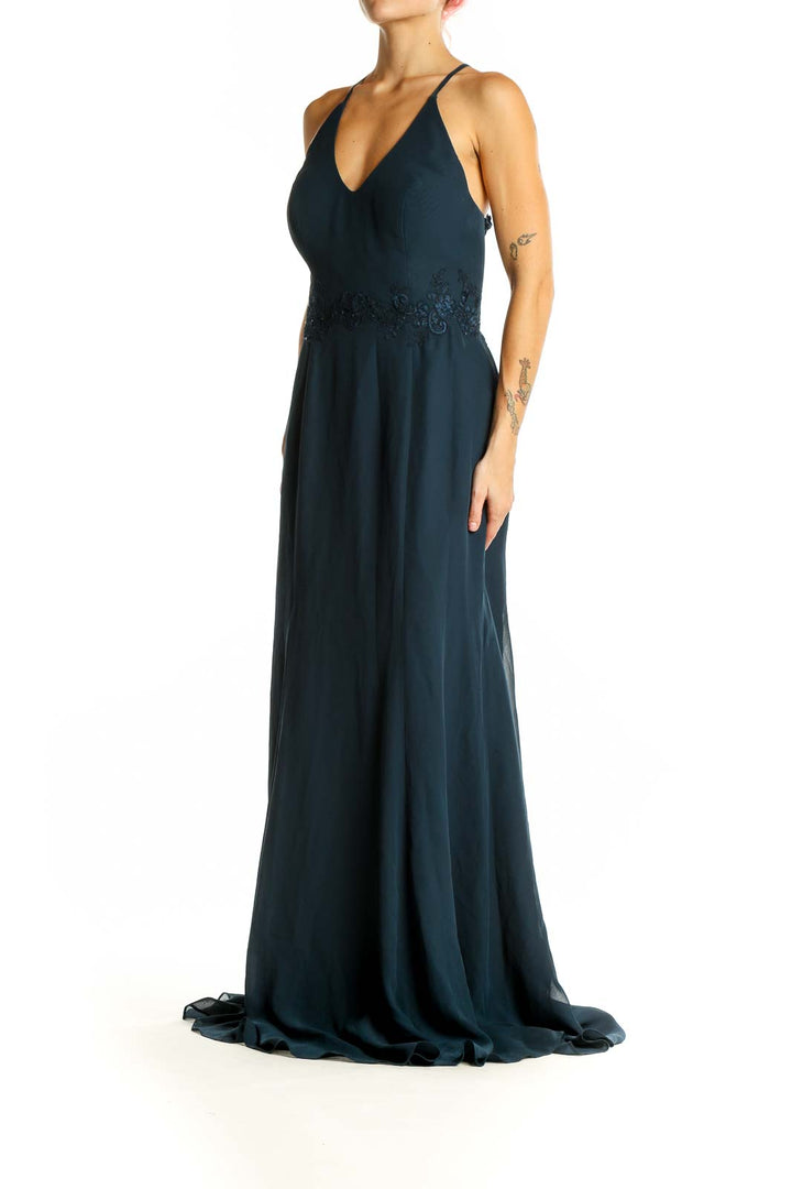 Front view of navy AZAZIE maxi dress with V-neckline and floral lace detail