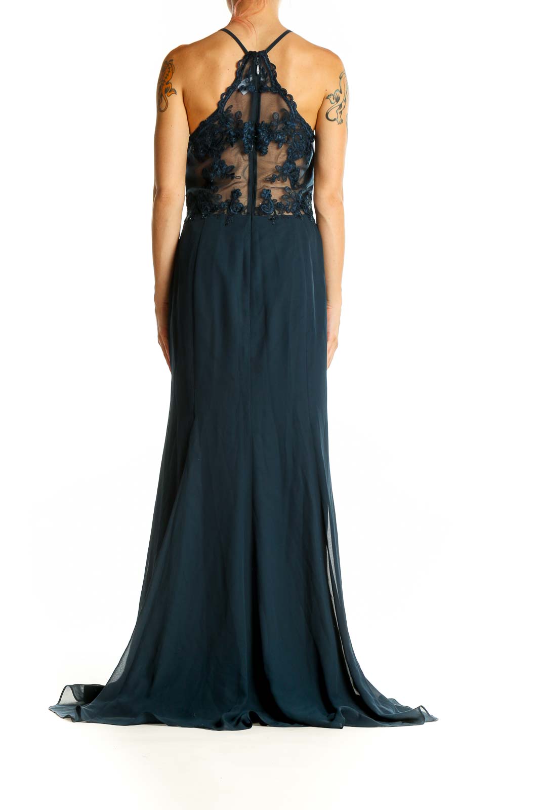 Side view of navy AZAZIE maxi dress showing flowing A-line skirt