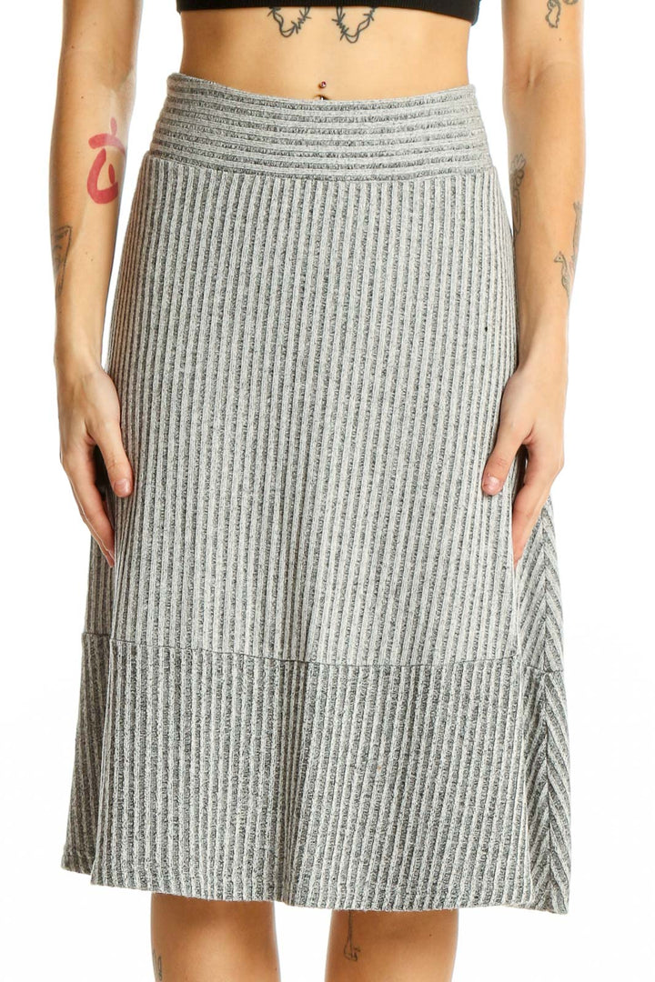 Front view of gray ribbed A-line midi skirt from Banana Republic