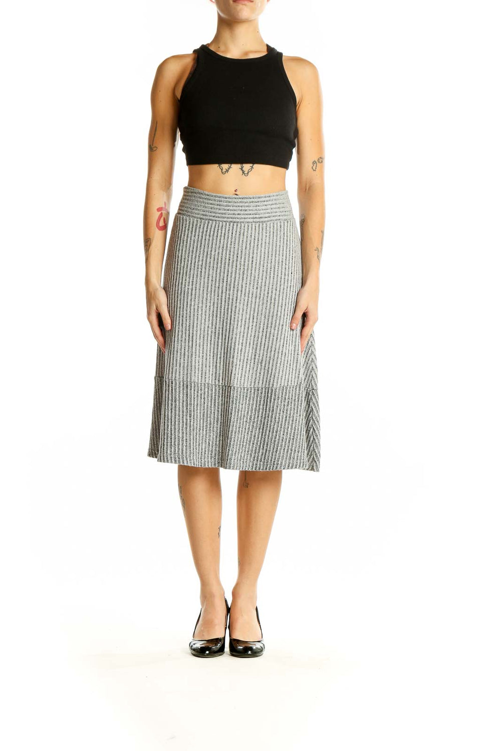 Front view of gray ribbed A-line midi skirt from Banana Republic