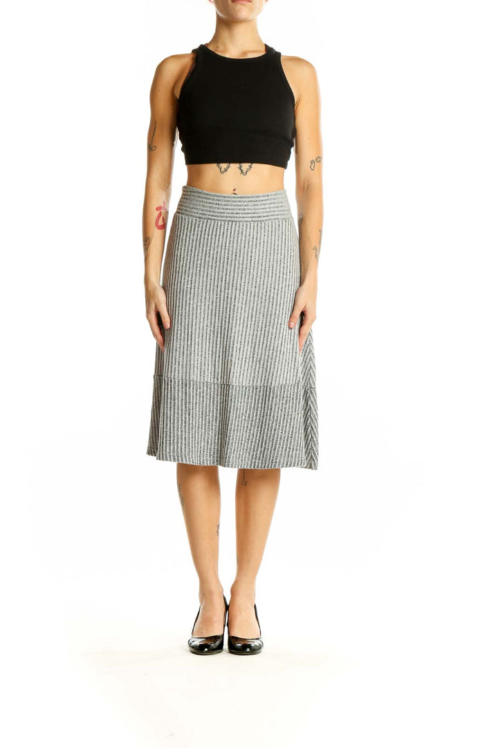 Front view of gray ribbed A-line midi skirt from Banana Republic