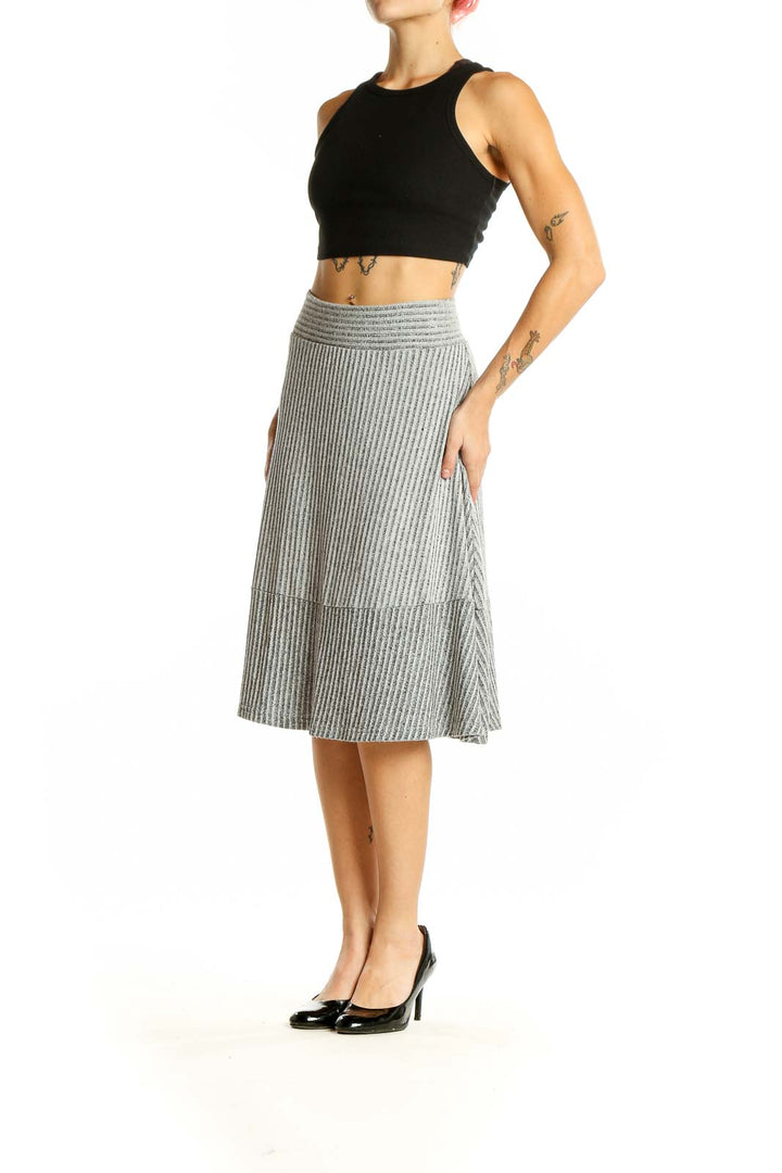 Front view of gray ribbed A-line midi skirt from Banana Republic