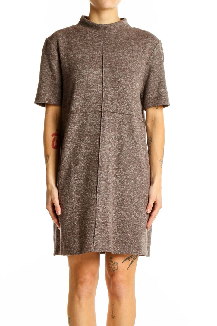 Front view of Zara brown mock neck short sleeve dress