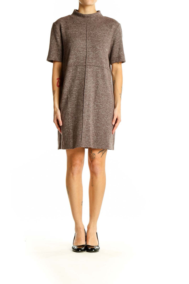 Front view of Zara brown mock neck short sleeve dress