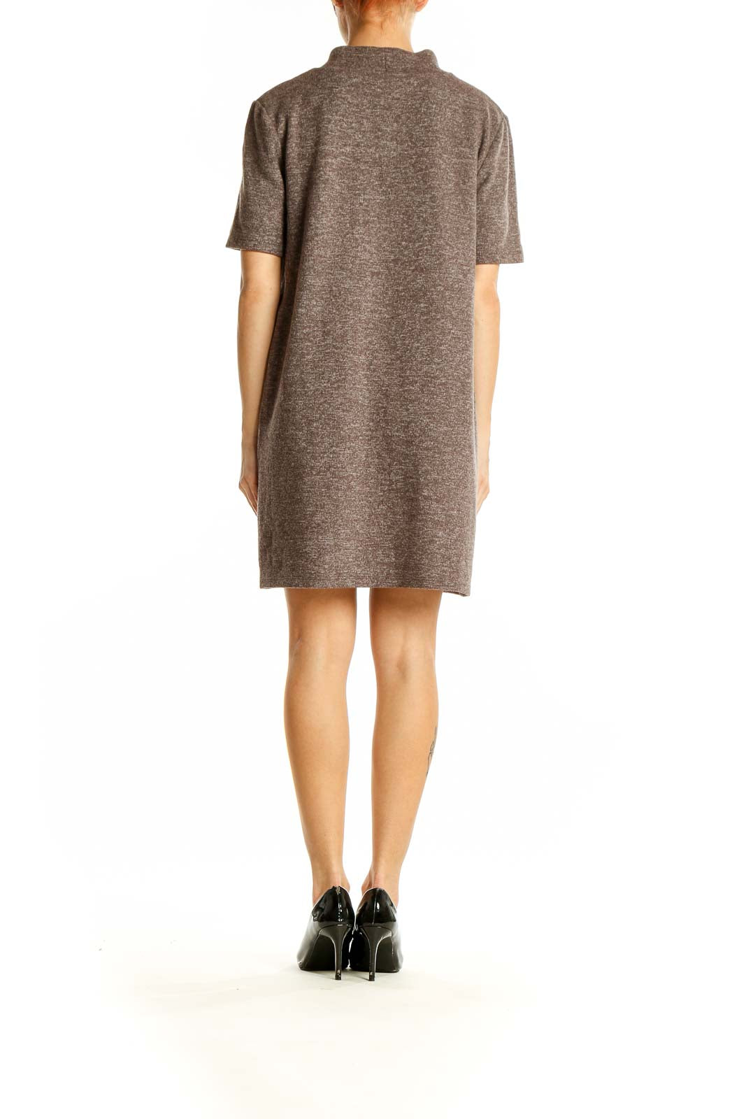 Side view of Zara brown mock neck short sleeve dress