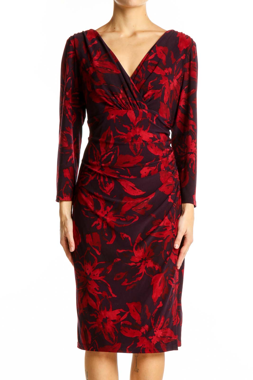 Front view of Lauren Ralph Lauren red floral wrap midi dress with V-neckline