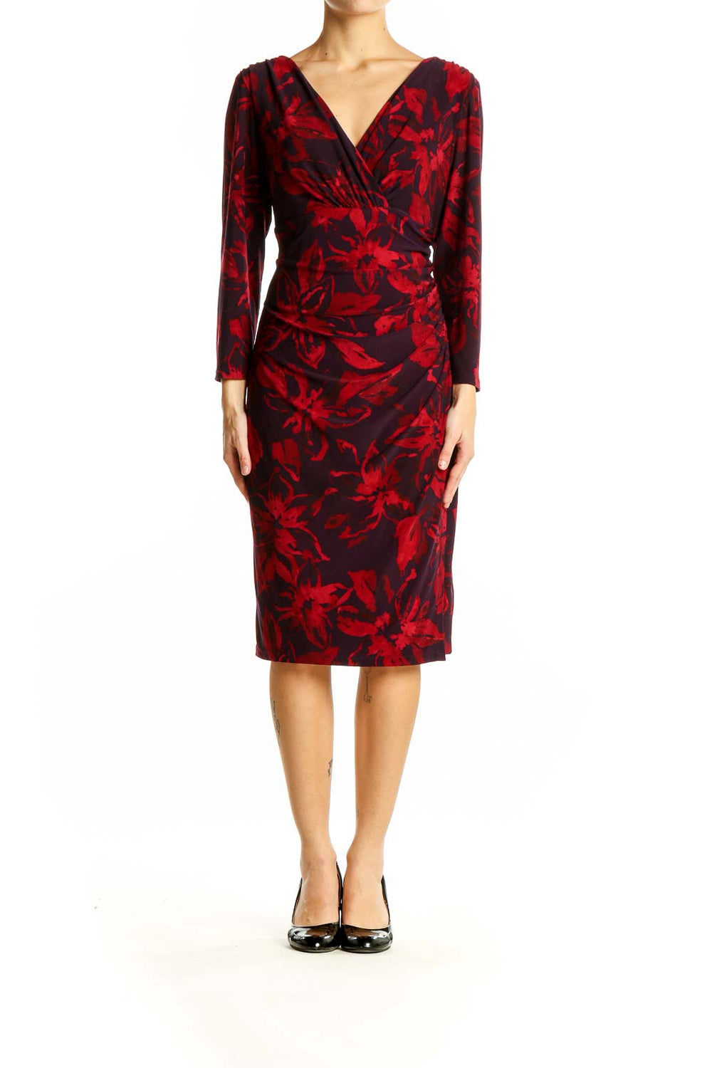 Front view of Lauren Ralph Lauren red floral wrap midi dress with V-neckline