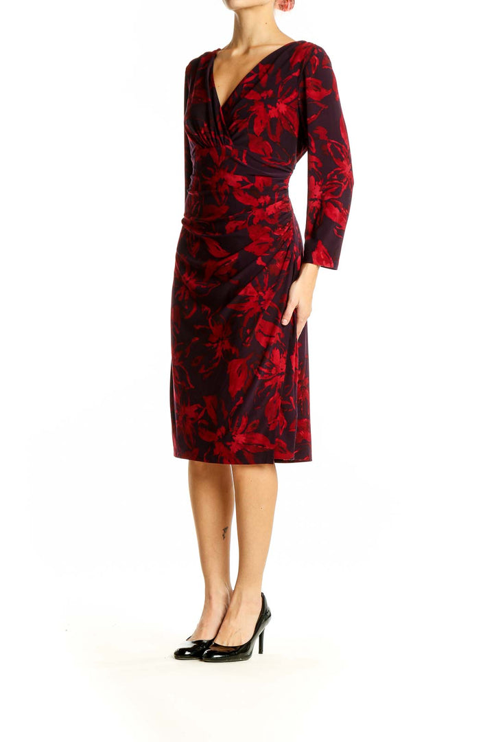 Front view of Lauren Ralph Lauren red floral wrap midi dress with V-neckline