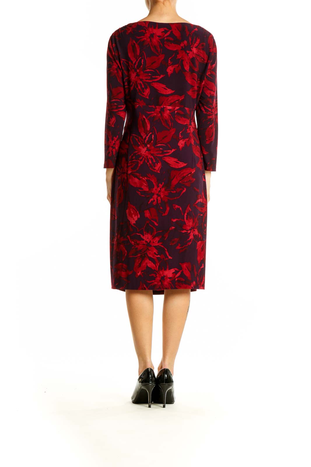 Side view of Lauren Ralph Lauren red floral wrap midi dress showing ruched waist