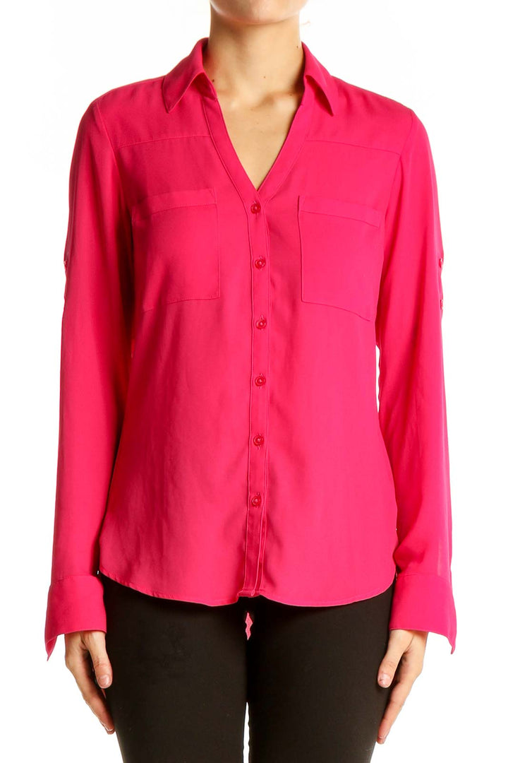 Front view of hot pink Express button-down blouse with chest pockets