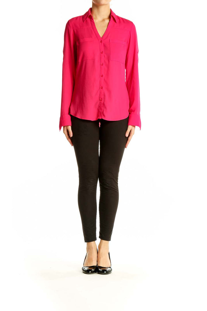 Front view of hot pink Express button-down blouse with chest pockets