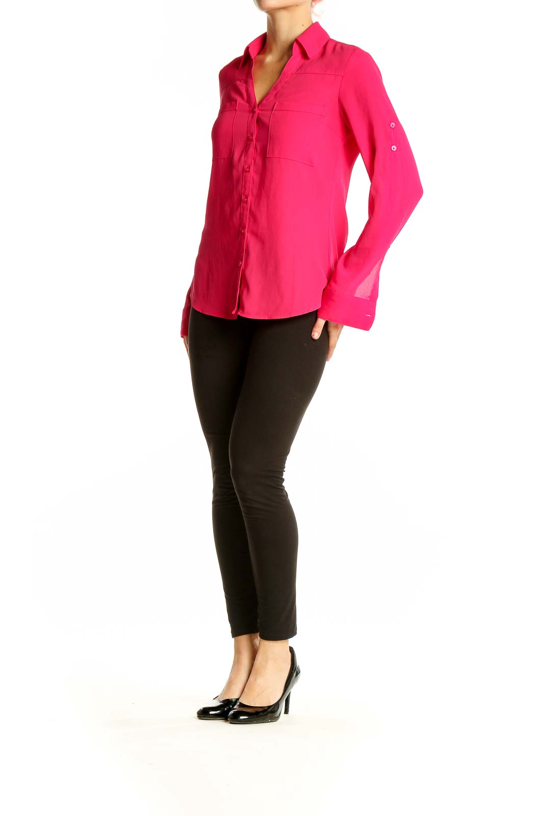 Front view of hot pink Express button-down blouse with chest pockets