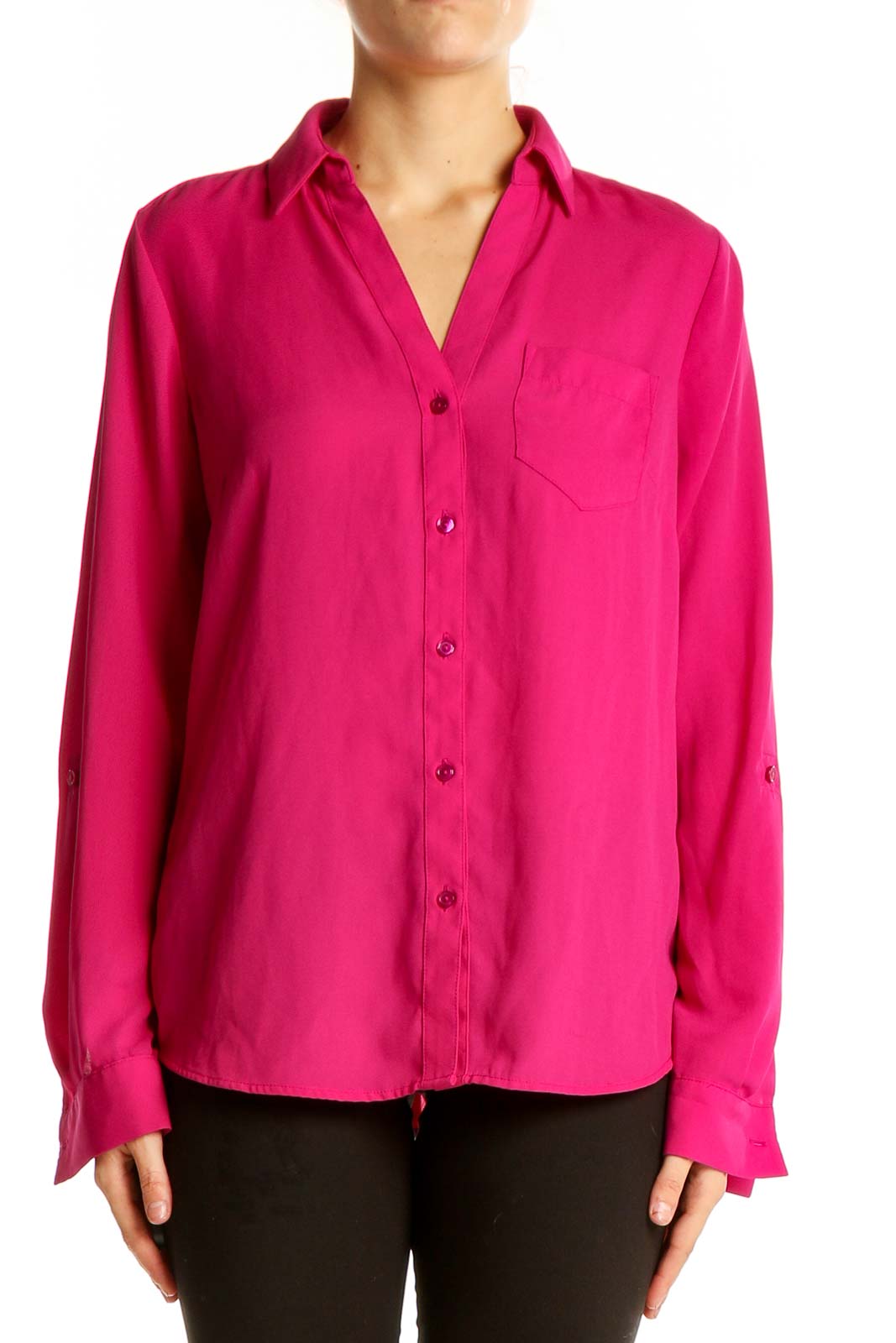 Front view of hot pink button-down blouse from The Limited