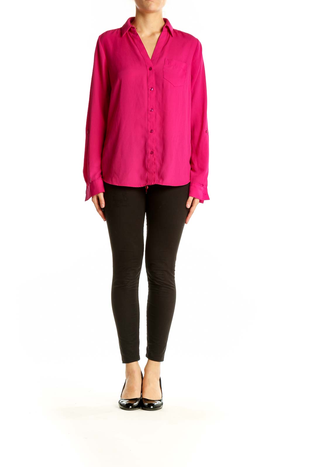 Front view of hot pink button-down blouse from The Limited