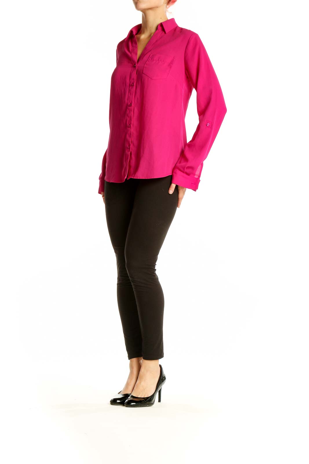 Front view of hot pink button-down blouse from The Limited