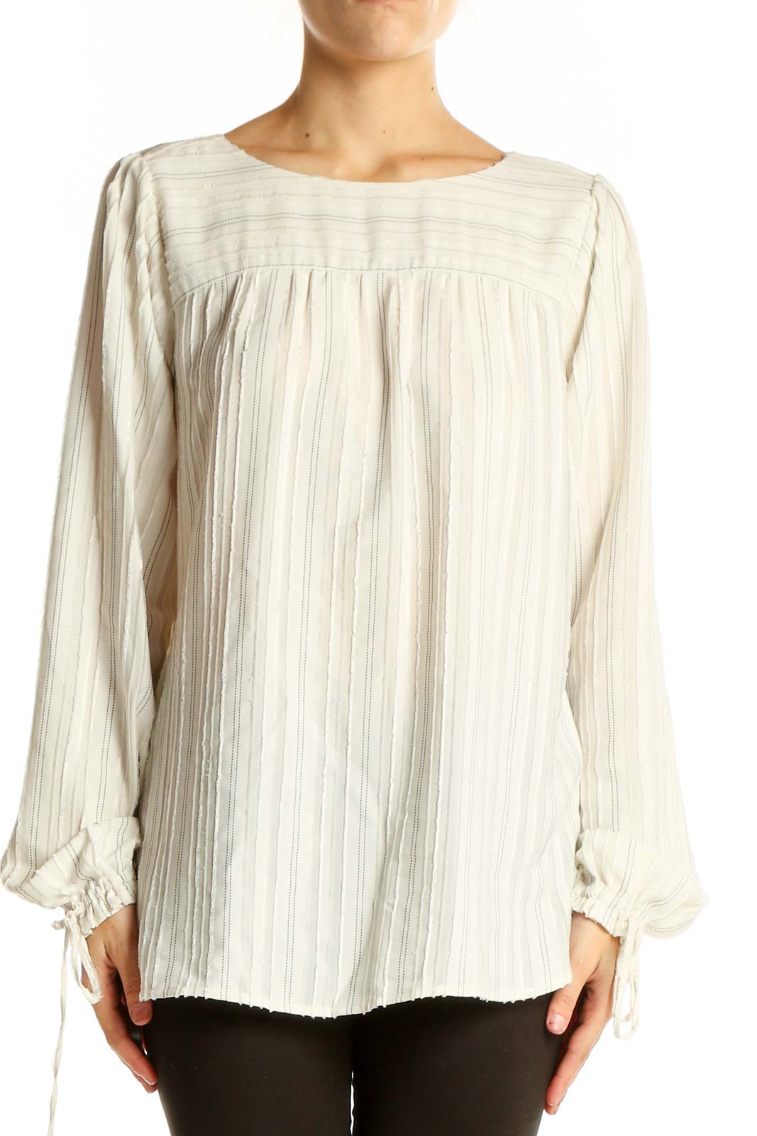 Front view of LOFT white striped flowy polyester blouse with tie-cuff sleeves