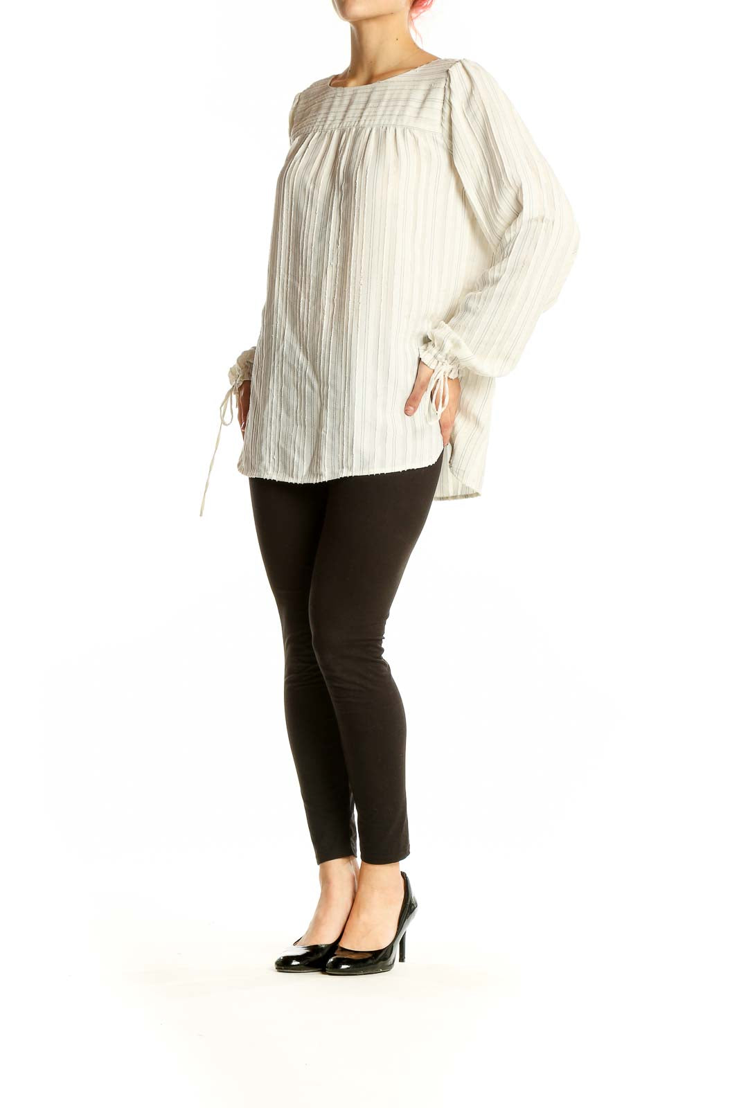 Front view of LOFT white striped flowy polyester blouse with tie-cuff sleeves