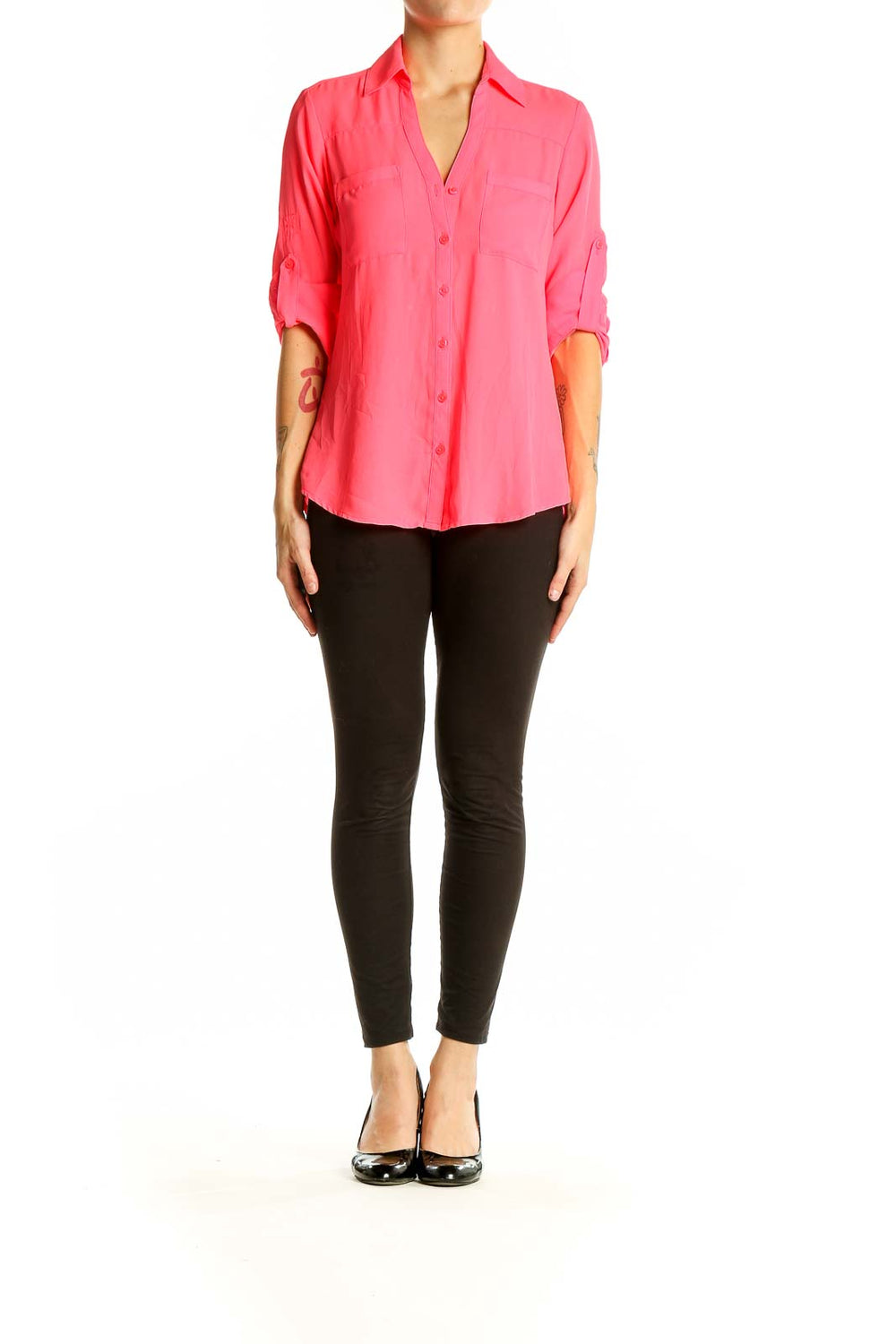 Front view of pink Express button-down blouse with chest pockets