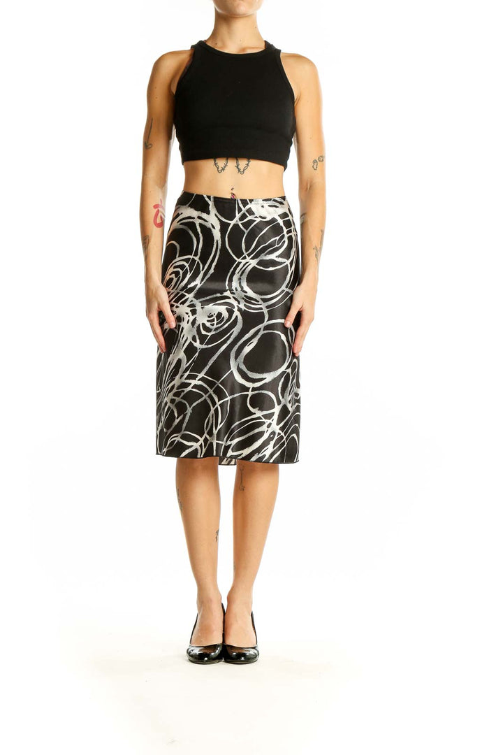 Front view of Wrapper Black and White Swirl Pattern Midi Skirt