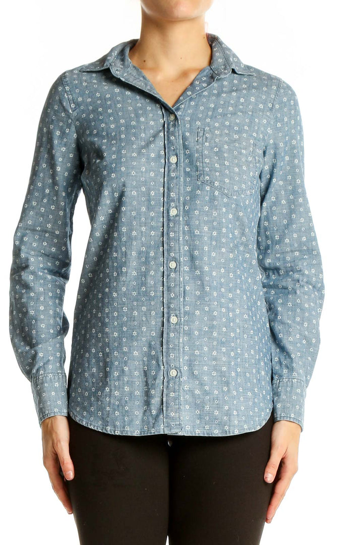 Front view of J.Crew blue floral print cotton button-up shirt