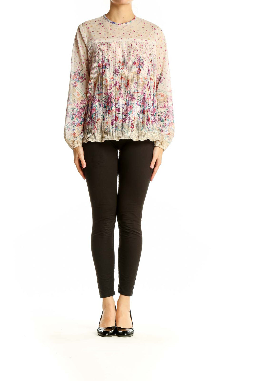 Front view of SilkRoll beige floral pleated long sleeve blouse with polka dot background