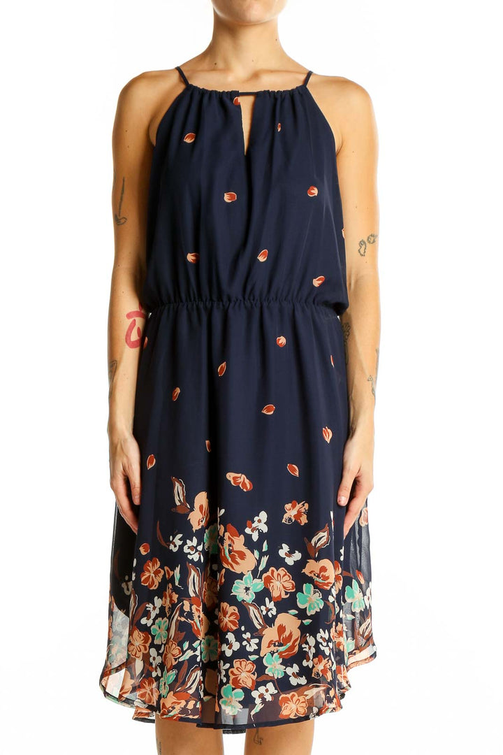 Front view of Collective Concepts navy floral print sleeveless midi dress