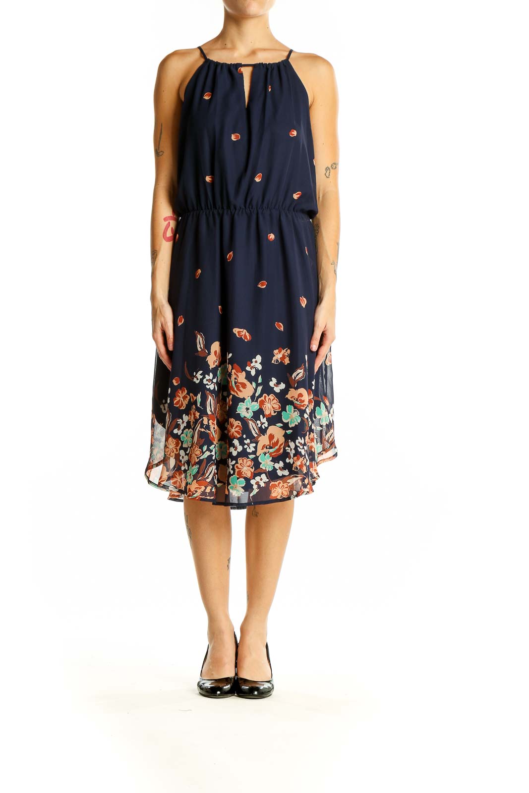 Front view of Collective Concepts navy floral print sleeveless midi dress