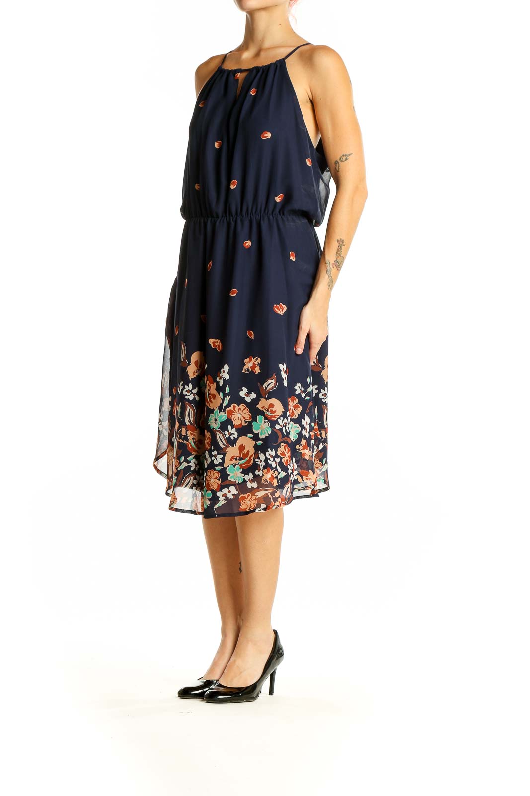 Front view of Collective Concepts navy floral print sleeveless midi dress