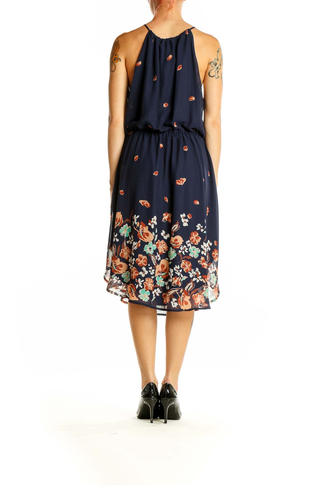 Side view of Collective Concepts navy floral print sleeveless midi dress