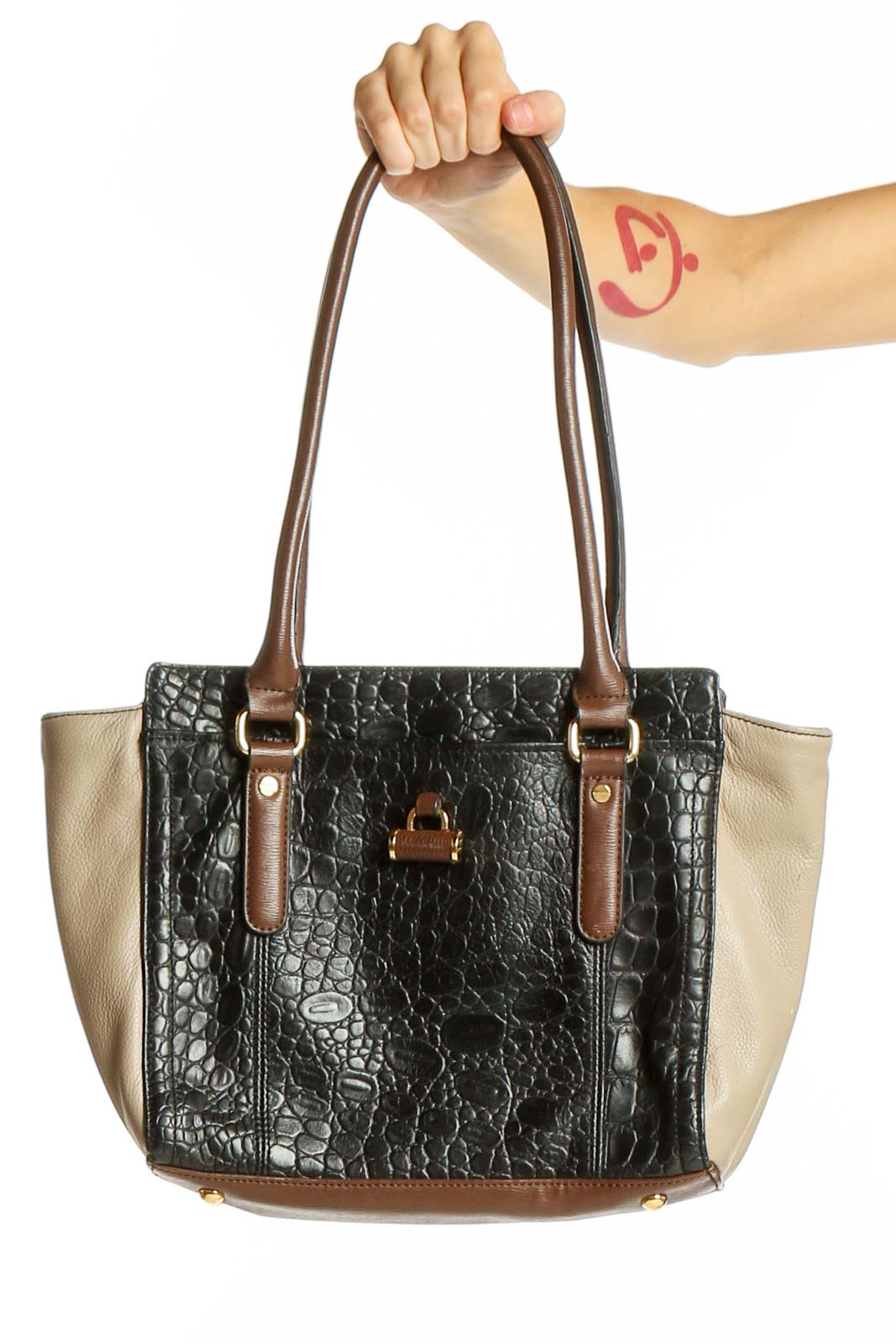 Front view of Tignanello black croc-embossed leather tote with beige side panels