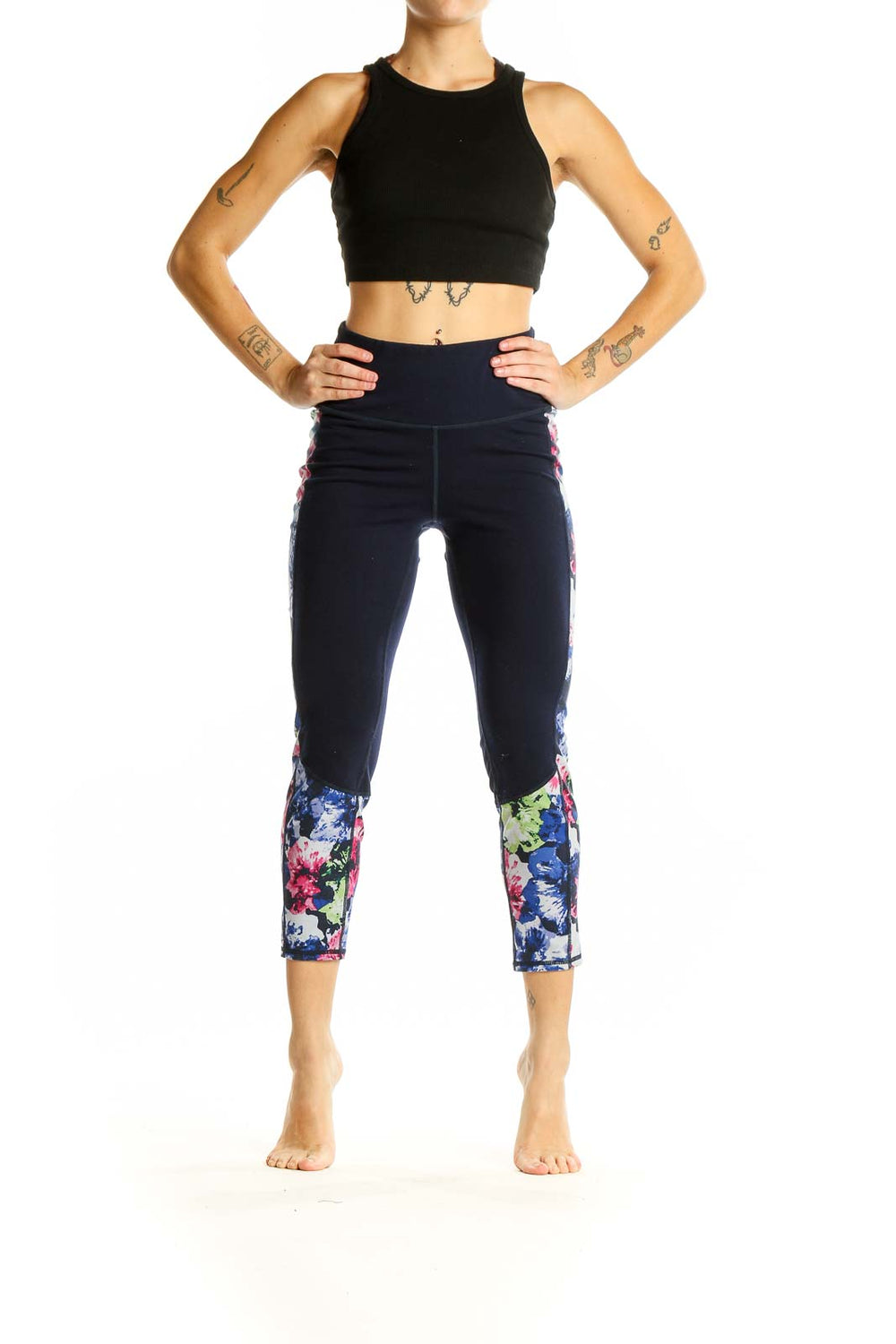 Front view of GapFit Navy Floral Print Capri Leggings