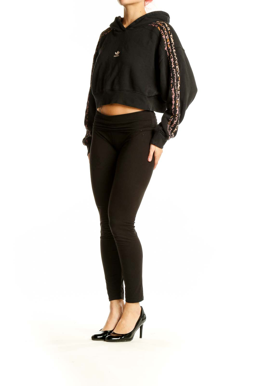 Adidas Black Cropped Hoodie with Leopard Print Stripes