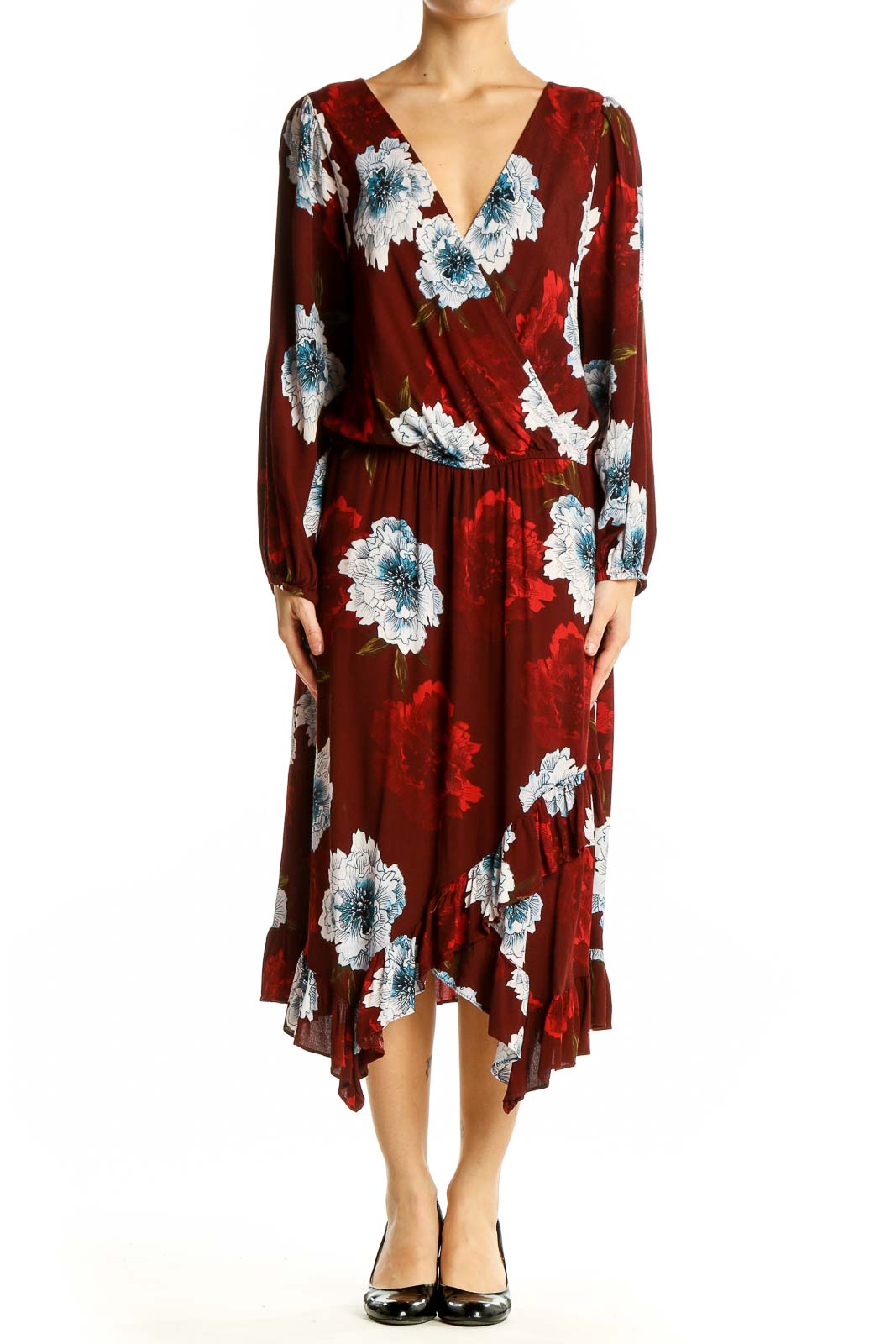 Front view of burgundy floral wrap midi dress by Plenty by Tracy Reese