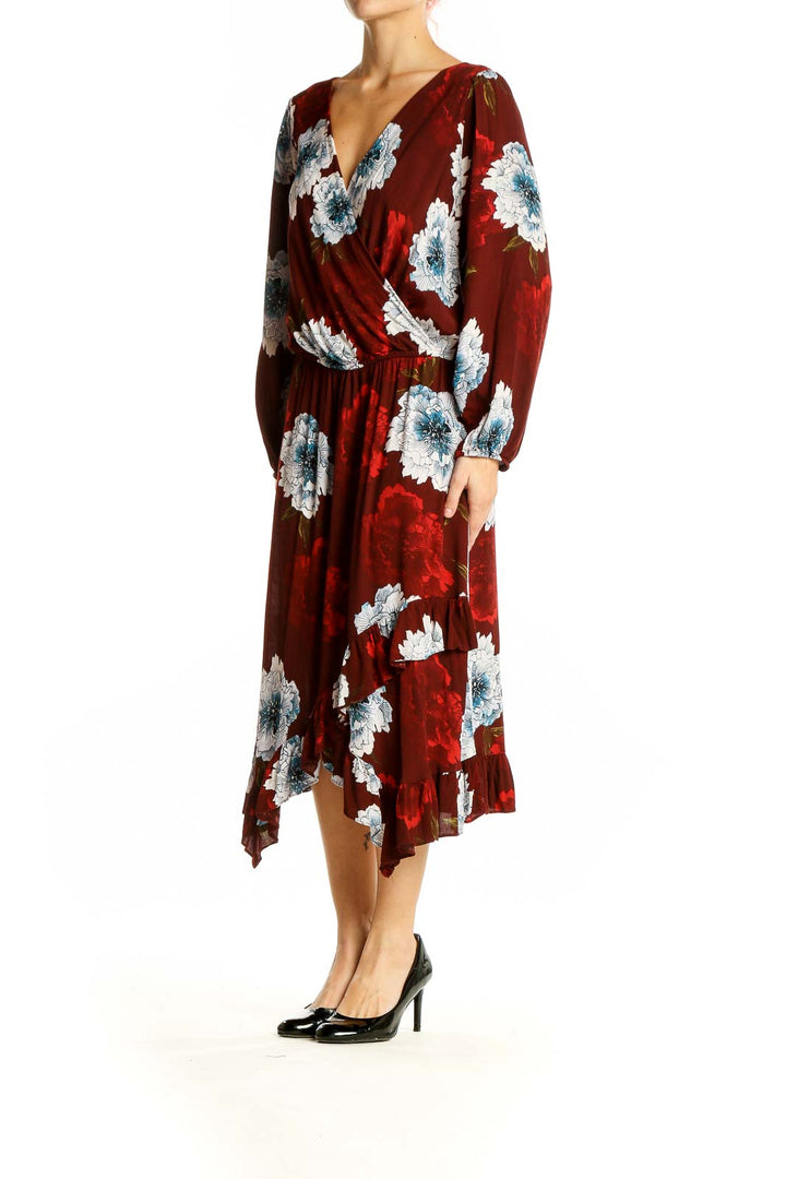 Front view of burgundy floral wrap midi dress by Plenty by Tracy Reese