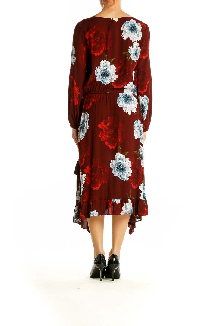 Back view of burgundy floral wrap midi dress by Plenty by Tracy Reese