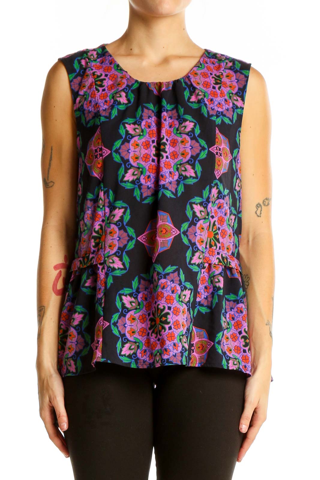 Front view of J.Crew black sleeveless blouse with colorful floral print